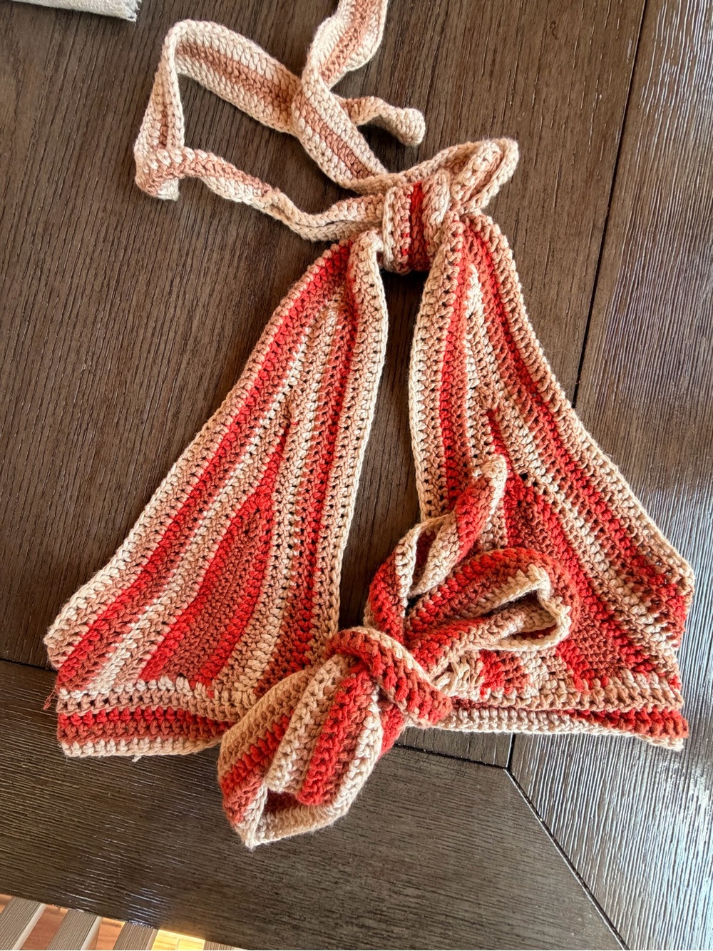 White Fox Boutique Coral and Beige Striped Crochet Halter Crop Top